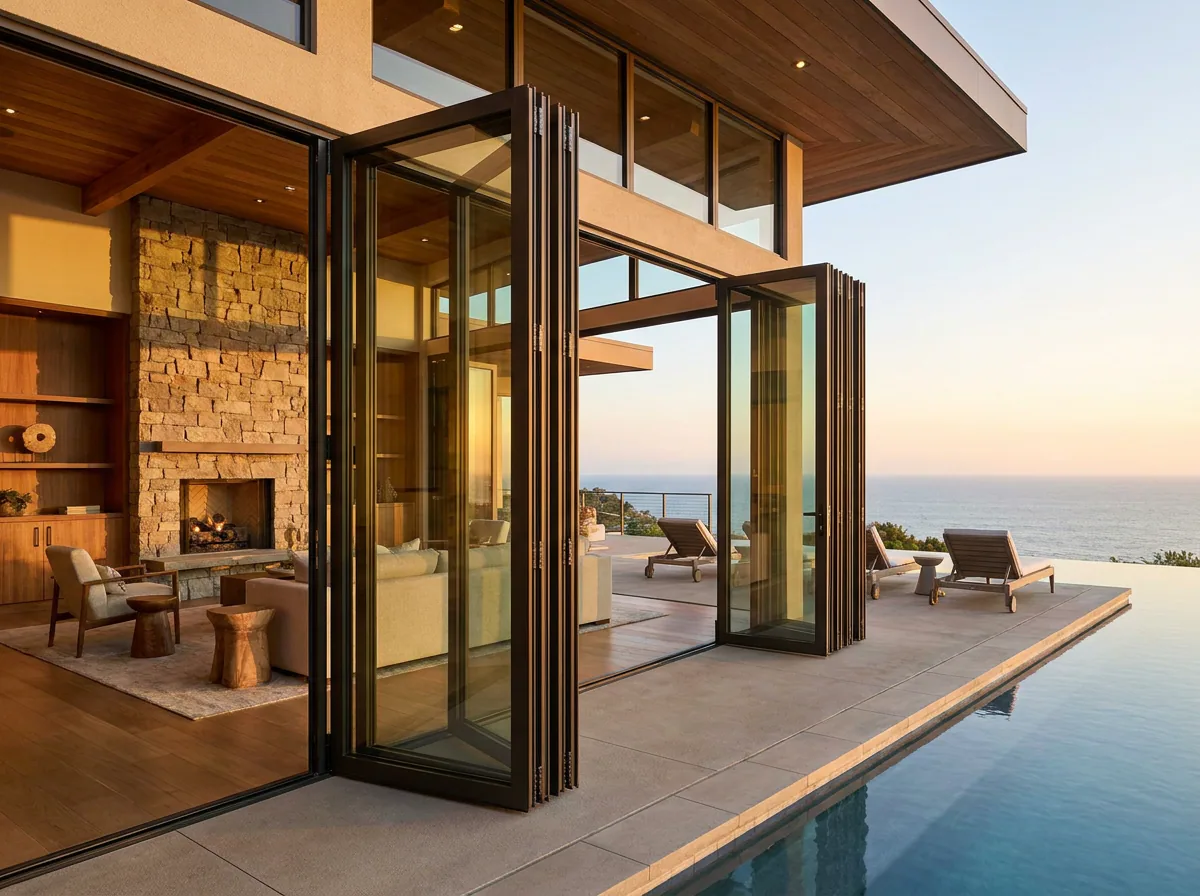 Folding glass bifold wall opening to an outdoor lanai