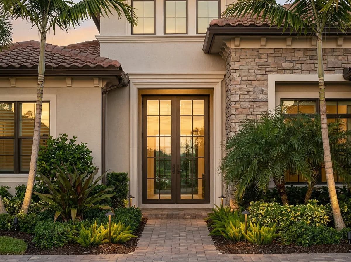 French doors with divided-light grilles opening to a patio
