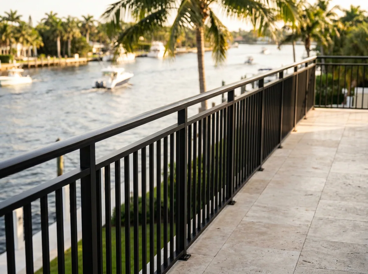 Aluminum picket railing on a waterfront South Florida balcony