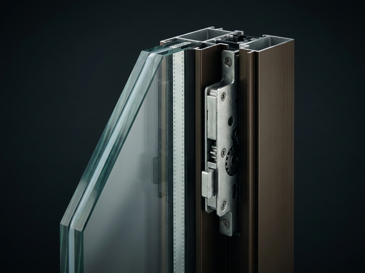 Cross-section of a Titan impact window — laminated glass, bronze frame, and multi-point lock